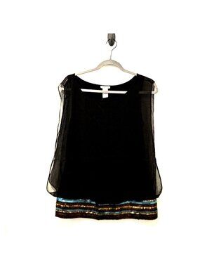 CACHE  Black Layered Gold Sequin Banded Sleeveless Top Womens Medium New